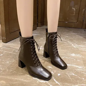 

Square toe boots short boots Women's thick heel 2020 Autumn and Winter new side zipper lace-up high heel boots British Martin
