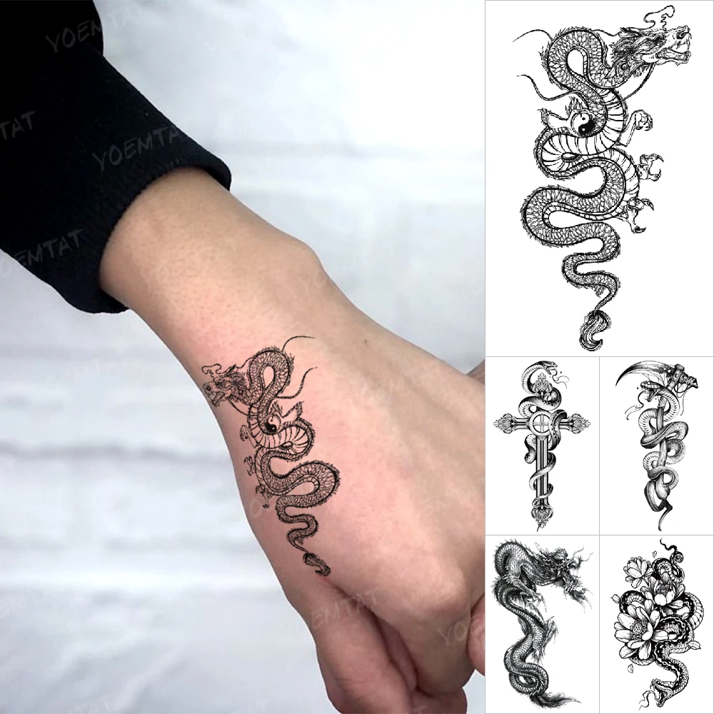 Waterproof Temporary Tattoo Sticker Dragon Tai Chi Gossip Snake Realistic Small Mini Fake Black Tatoo Arm Wrist Hand Men Women | Красота и