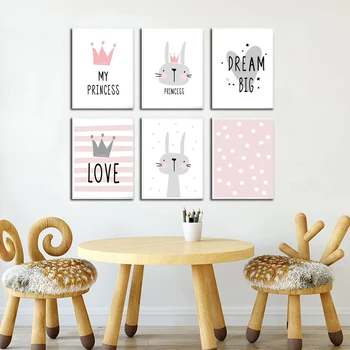 

Pink Cartoon Animal Nursery Girl Wall Poster Picture Print Rabbit Baby Room Modern Canvas Painting Kids Children Wall Art Mural