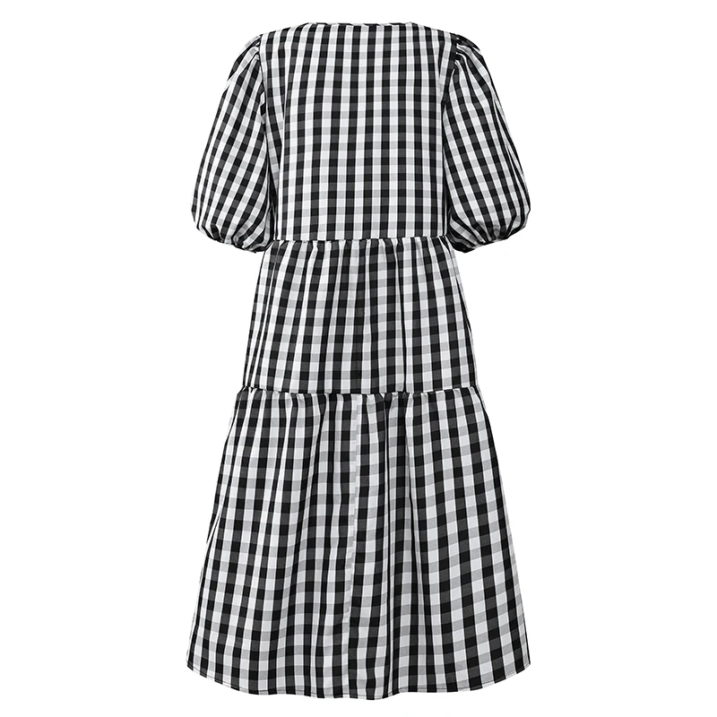 Stylish Summer Check Mid-Calf Dress ZANZEA Womens Puff Sleeve Sundress Vestidos Female V neck Casual Robe Femme Plus Size 5XL 7