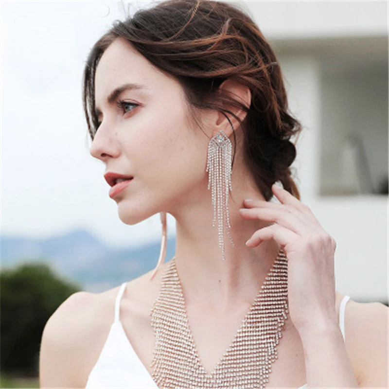 

FIAZIA Rhinestone Dangle Earring Druzy Bridal Tassels Earrings Jewelry Accessories moda Bride Wedding Jewelry Earring brinco