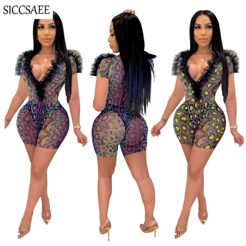 

Serpentine Mesh Ruched Ruffles Patchwork Two Piece Set Deep V Neck Bodycon Bodysuit Shorts Sexy Snake Skin Printing Playsuits