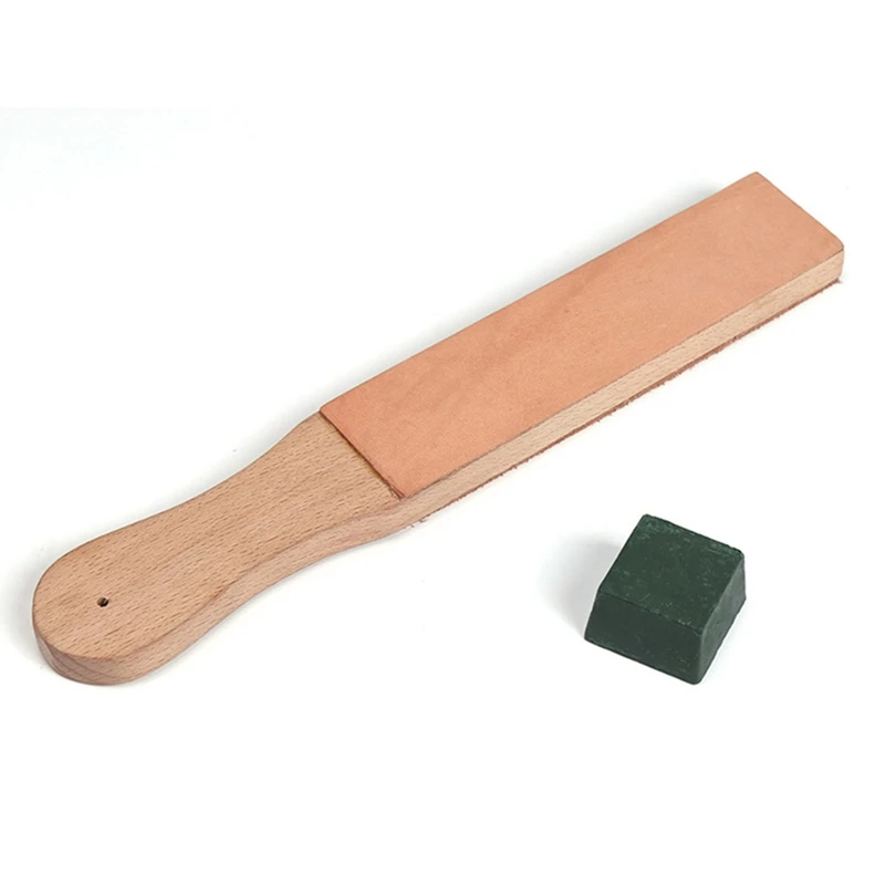 

Wood Handle Leather Sharpening Strop Knife Razor Polishing Board With Polish Compound 2 Sided Made From Veg Tanned Cowhide