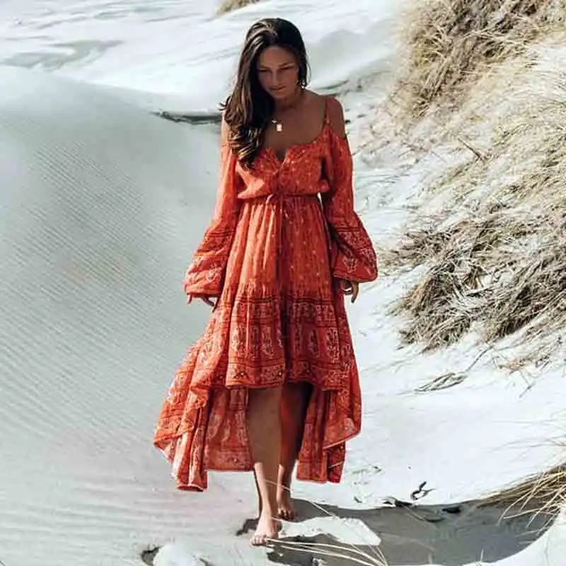 

KHALEE YOSE Orange Floral Off Shoulder Boho Long Dress Women Strappy Irregular High Low Hem Chic Summer Tassle Tied Beach Dress