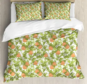 

Tangerine Duvet Cover Set Vintage Pattern of Mandarins and Flowers 3 Piece Bedding Set Pale Vermilion Pale Olive Green White