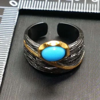 

C-TWO , Black gold ring with natural turquoise oval 6*8 mm in 925 sterling with gold plated special ring
