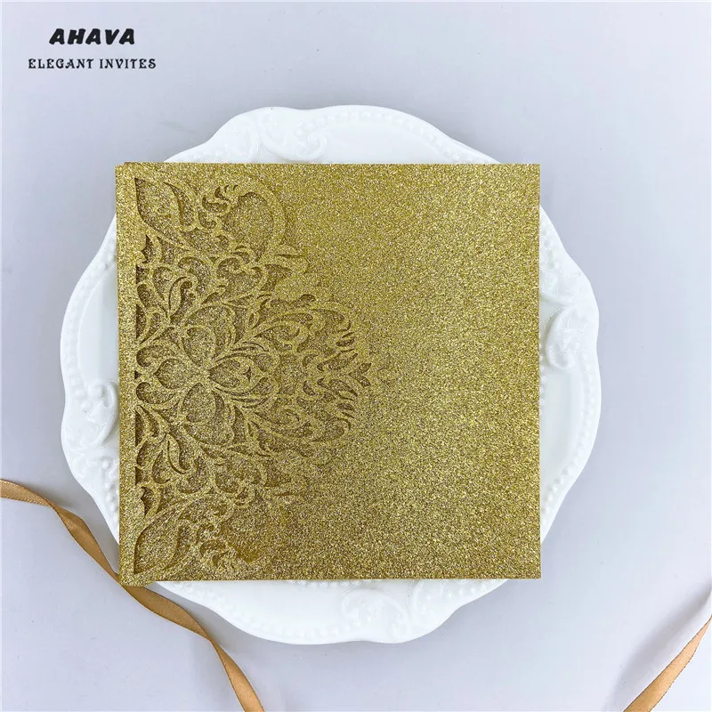 

Free Shipping 50pcs Glitter Gold Laser Cut tri-fold Wedding Invitation Cards Kit Envelope Personalized Pocket Invite RSVP