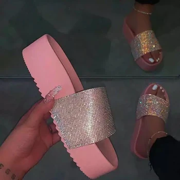 

Summer Woman Slippers Ladies Solid Platform Non-slip Shoes Woman Rhinestones Thick Bottom Women Fashion Beach Footwear Plus Size