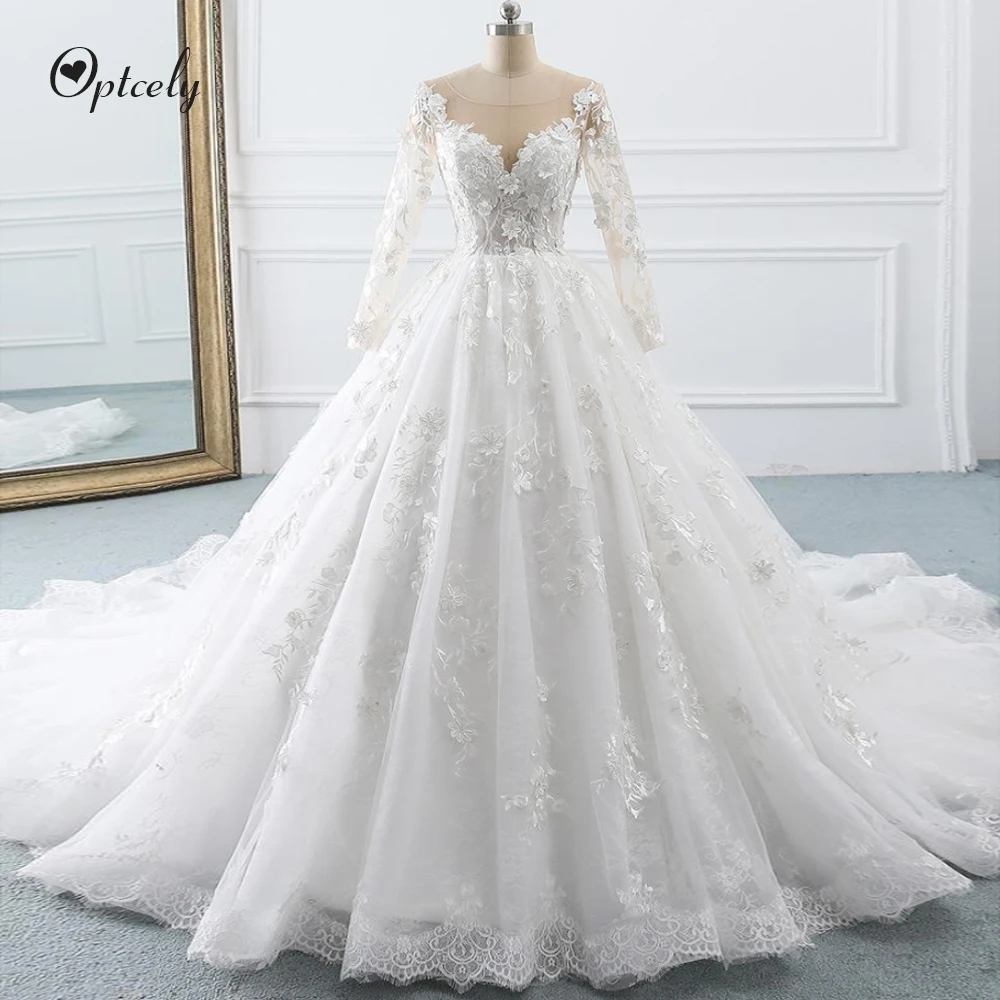 Optcely Vestido de Noiva очаровательное ТРАПЕЦИЕВИДНОЕ свадебное платье с длинным рукавом и глубоким вырезом мусульманское платье принцессы с аппликацией и бисером