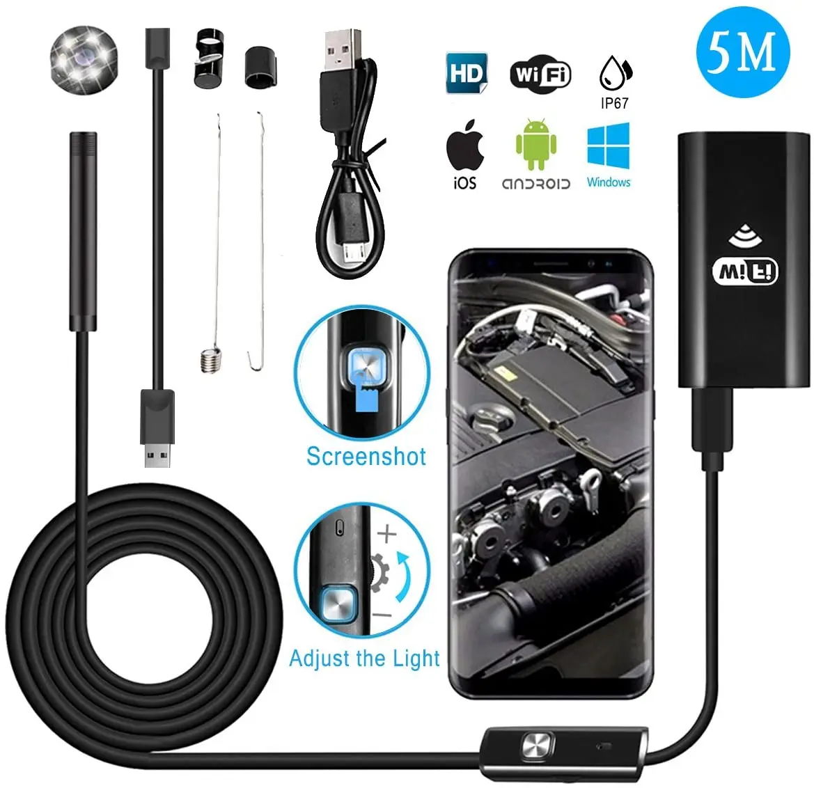 Wireless Endoscope Camera 8mm WiFi Borescope 2.0MP HD Semi-Rigid Sewer IP67 Inspection Snake Camera for iPhone Android Tablet PC