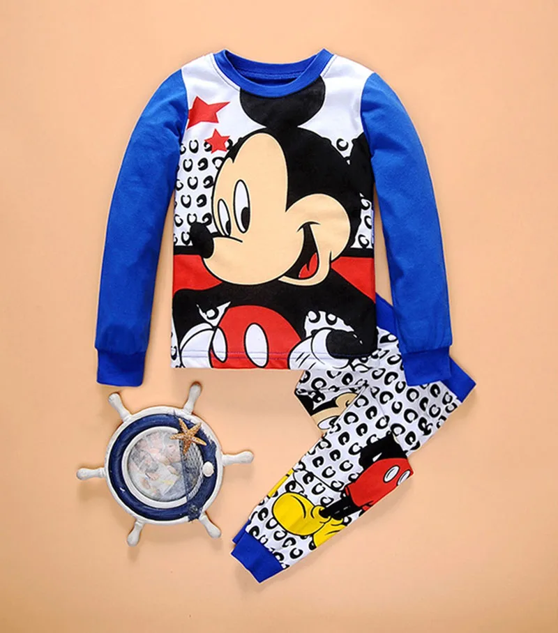 Пижамный комплект из 2 предметов для детей от 1 года до 6 лет, пижамные комплекты с длинными рукавами с Микки Маусом для маленьких мальчиков комплект одежды для сна из длинной футболки и штанов, вечерние