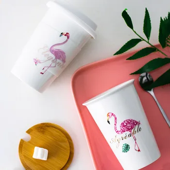 

Flamingo Ceramics Coffee Mug With Silicone Lid White Large Capacity Milk Tea Drning Cups Portable Creative Office Drinkware Gift