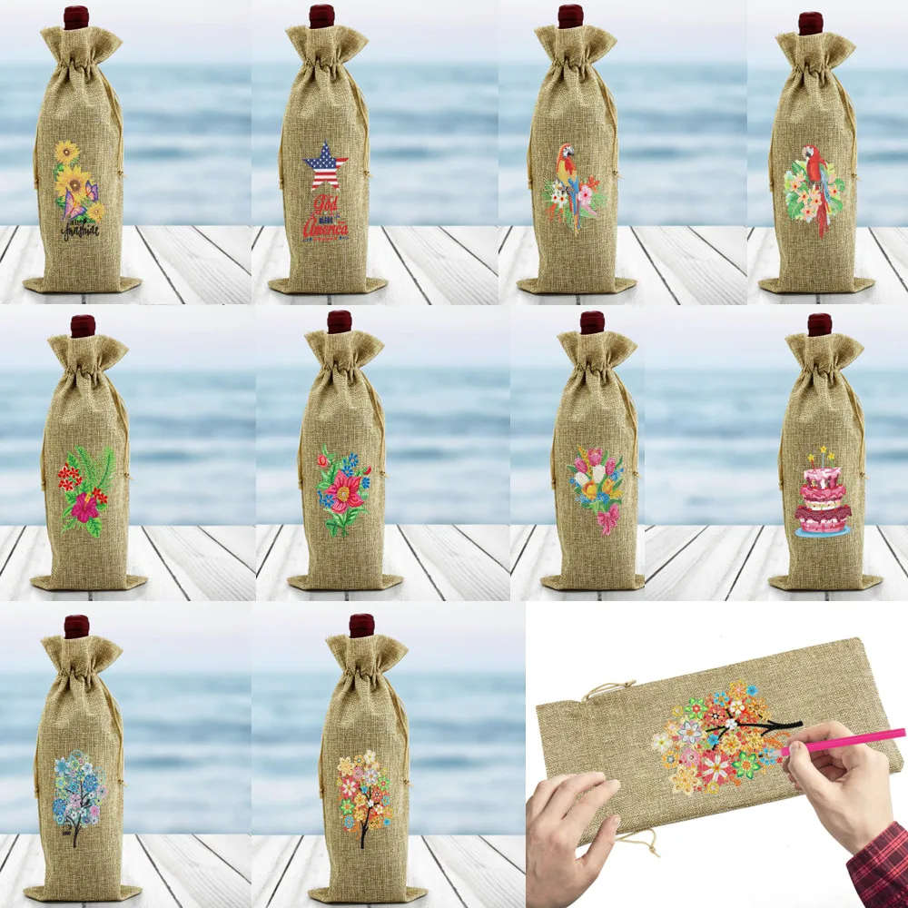Diamond painting red wine bag DIY mosaic embroidery dot diamond linen gift candy drawstring desktop decoration | Дом и сад