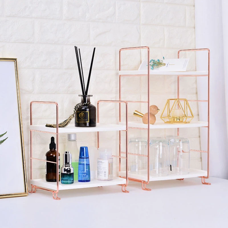

Stackable Kitchen Shelf Nordic Rose Gold Desktop Iron Shelf 2/3 Tiers Multifunctional Bathroom Kitchen Seasoning Storage Rack