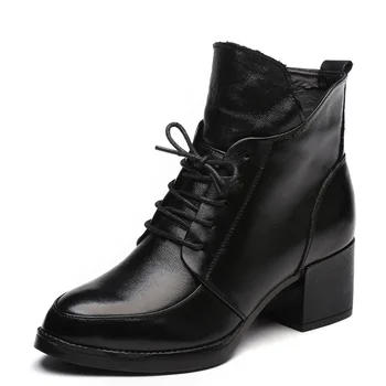 

BONJEAN Genuine Leather Thick Heel Women Boots 2019 Solid Black Winter Ankle Boots Motorcycle Botas Pointed Toe Warm Women Shoes