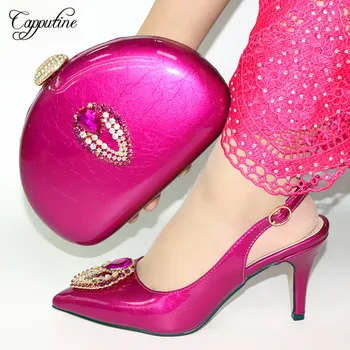 

Capputine Fuchsia Color Rhinestone Shoes And Bag Set For Party In Women 2019 Italian Classics High Heels Shoes With Purse Set