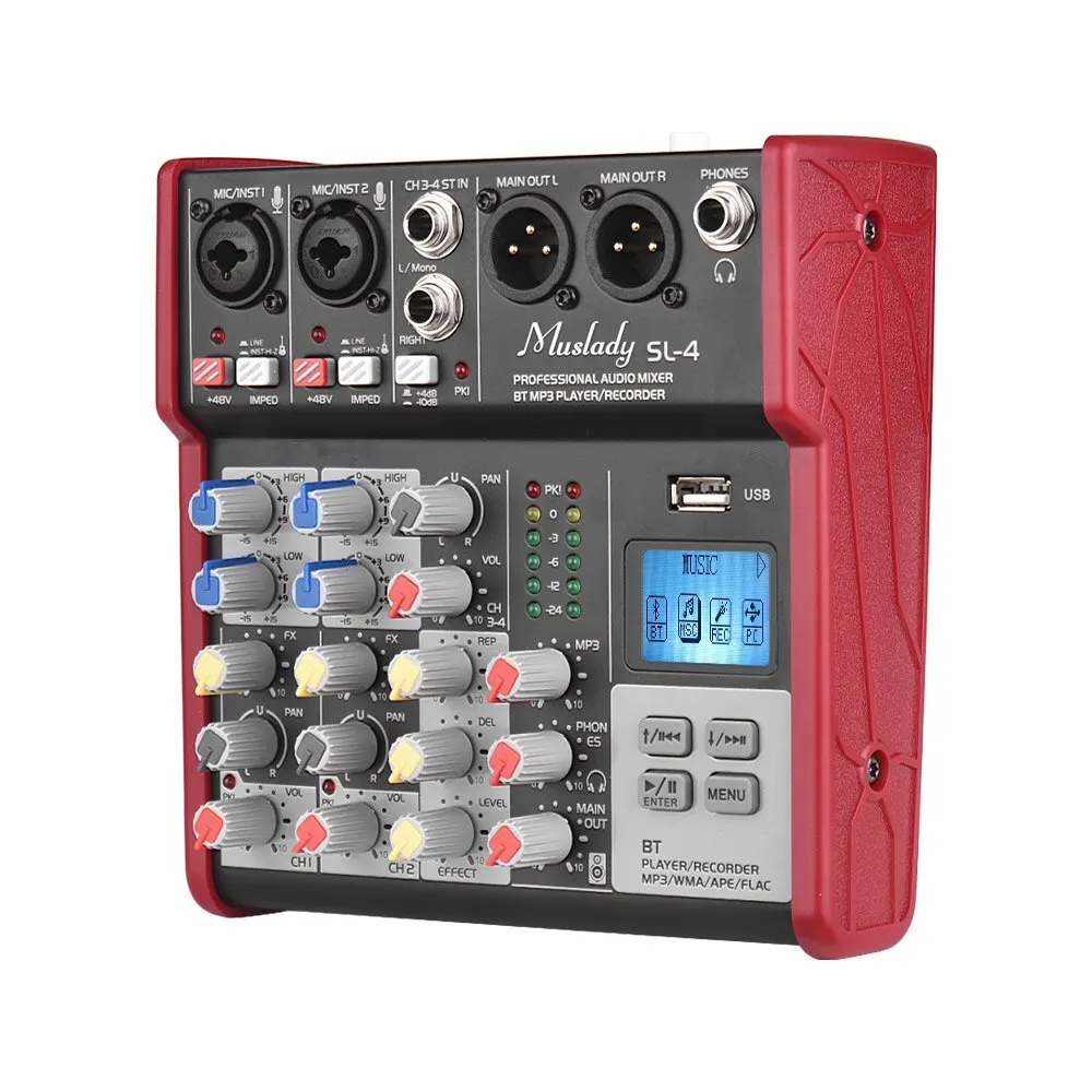 Muslady SL-4 компактный Размер 4 канала смешивания консольный микшер 2-полосным эквалайзером встроенный 48V Phantom Мощность поддерживает подключения BT USB