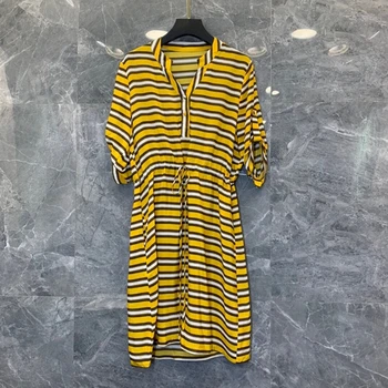 

2020 Spring and Summer New Women's Neckline V Letter Split Decorative Waist Drawstring Waist Hugging Short-Sleeve Dress 701