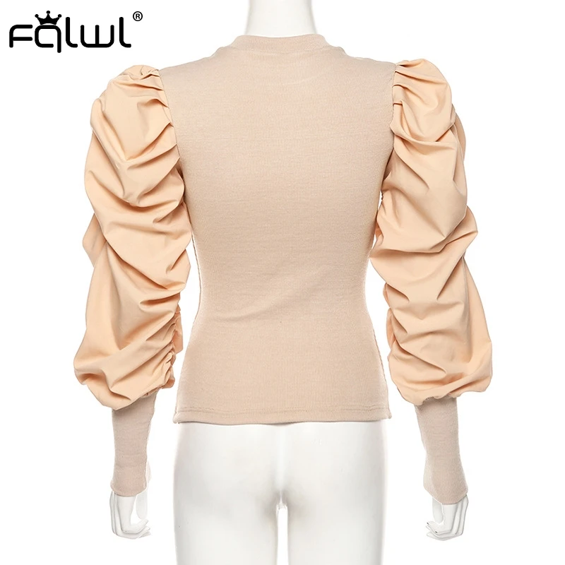 FQLWL Autumn Winter Ribbed Knitted Sweater Women Shirt 2019 Patchwork Puff Sleeve Black Sweater Female Pullovers Ladies Jumpers