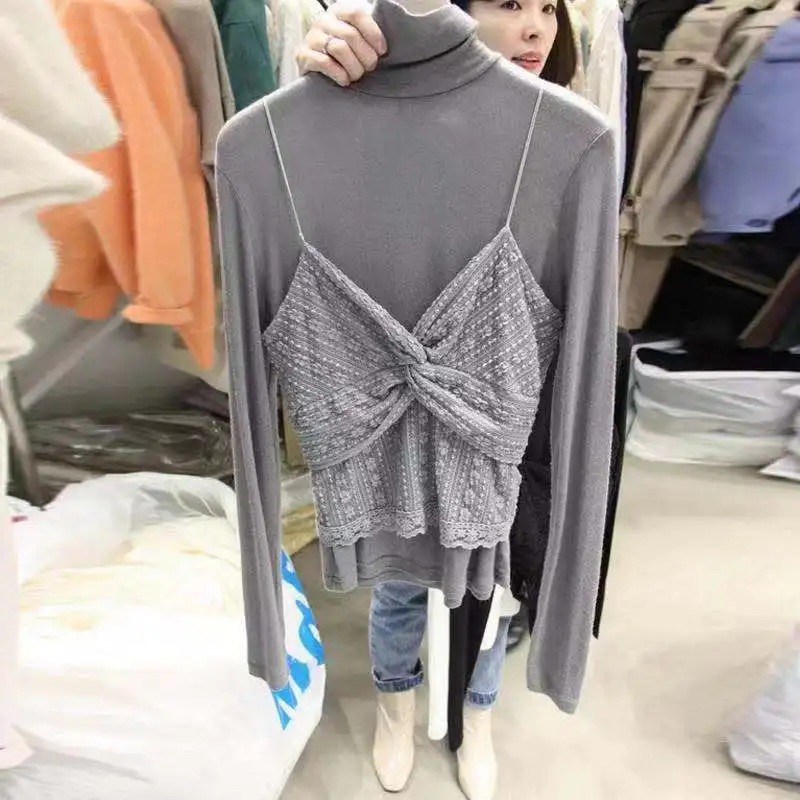 gray Neploe Turtleneck Pullover Long Sleeve Solid Bottom T Shirt Patchwork Tie Bow Camis Tees Autumn Spring New Ladies Top 48183 - Color: gray