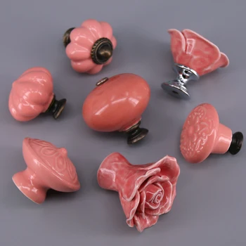 1PCS Pink Color Cabinet Drawer Kitchen Cupboard Knob Ceramic Furniture knob Handle Pull Hardware with Screws