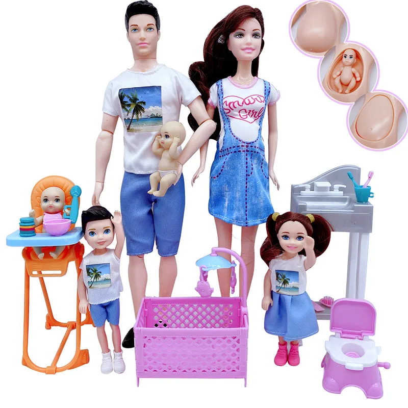 Conjunto de muñecas familiares para 5 personas, madre/papá/hijo/Bebé/Kelly/lavabo/silla de comedor, muñeca de mujer embarazada de moda, juguete infantil regalo