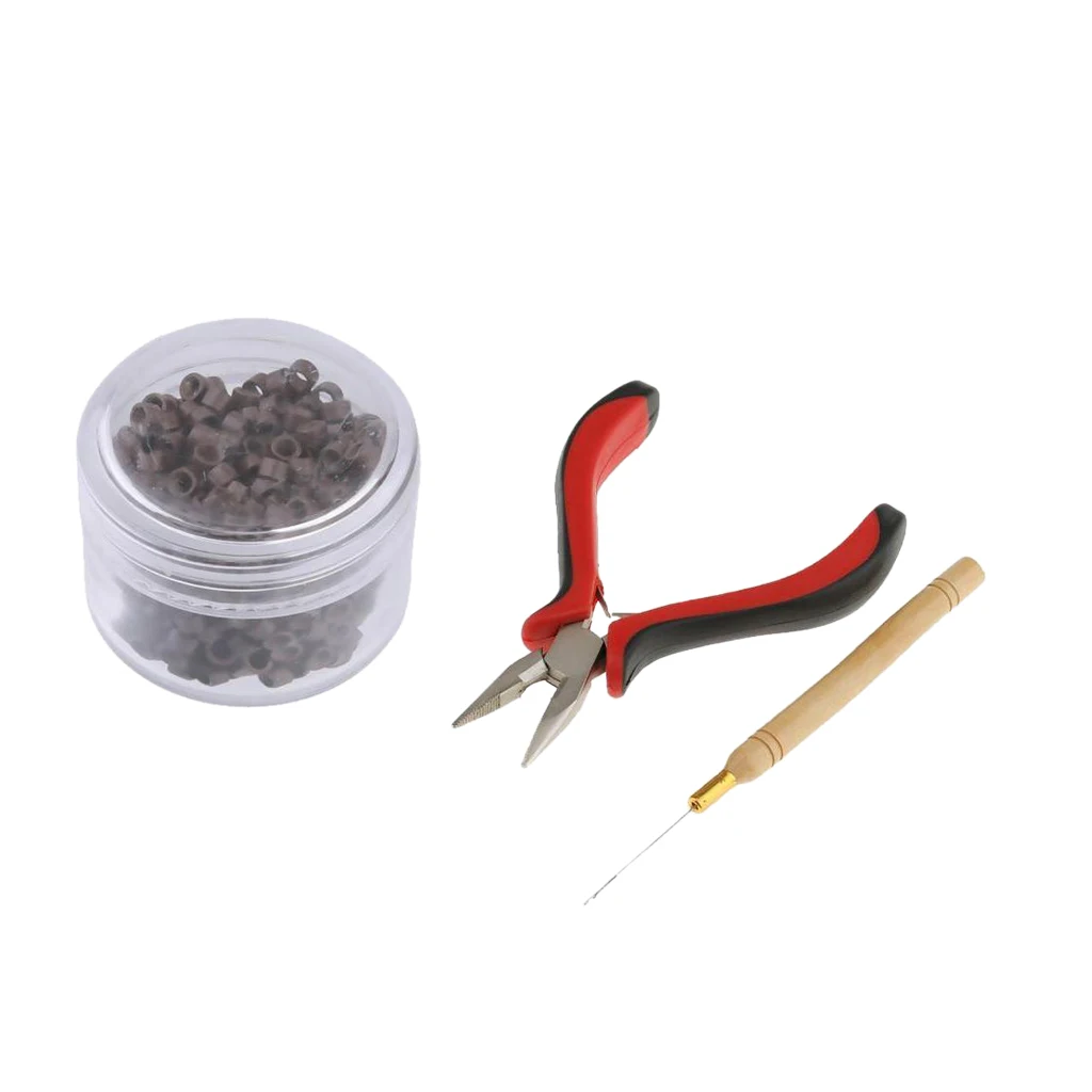 500pcs 5mm Silicone Lined Micro  Pearl Rings + Pliers Tool Kit Alumina Crochet Hooks Needles Hair Extensions Set