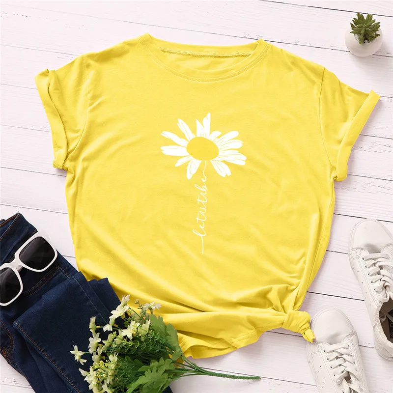 Summer S-5XL Plus Size T Shirt Women Cute Daisy Print T-Shirt 100%Cotton Women Tshirts O Neck Short Sleeve Tee Oversized Tops