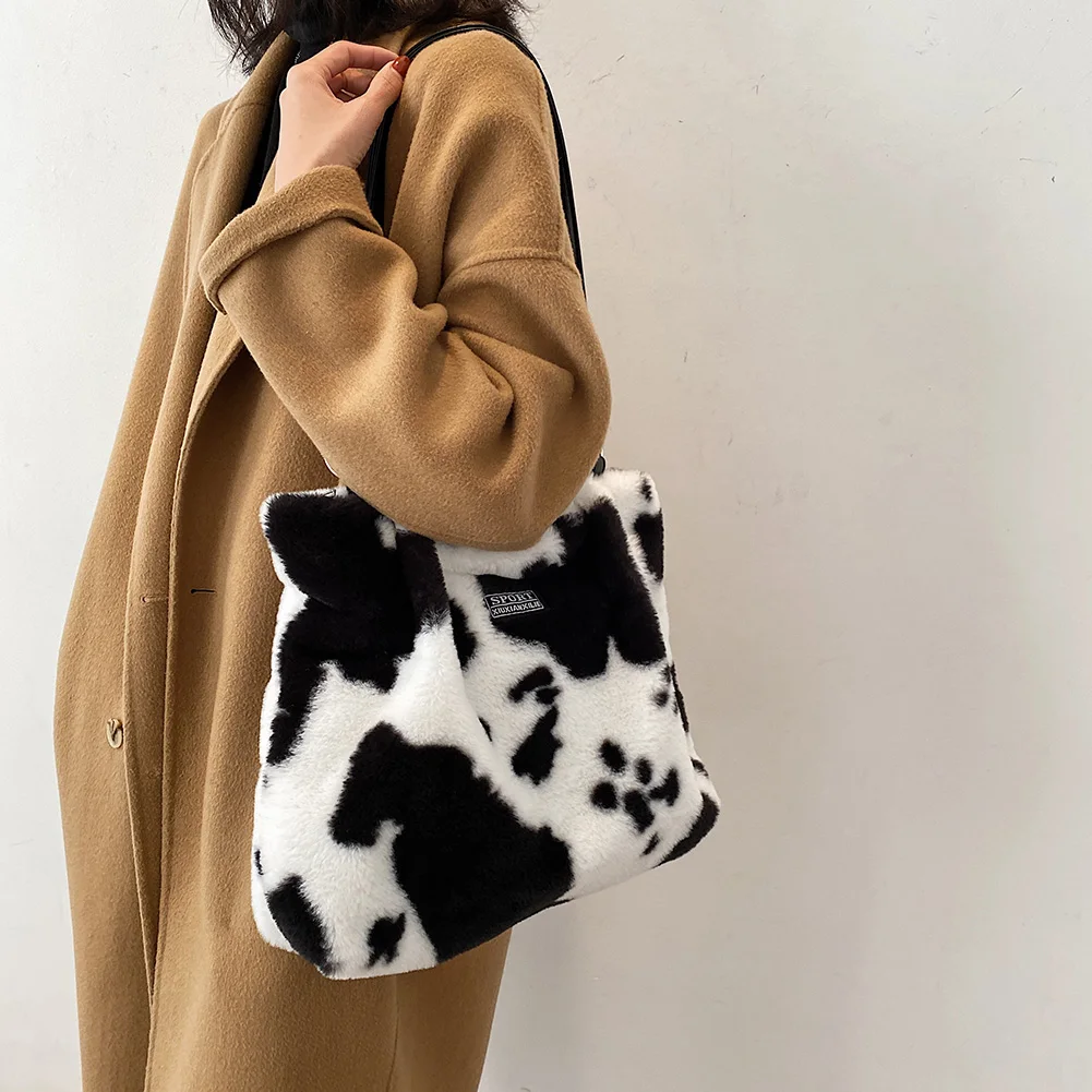 Vintage Plush Printing Women Large Capacity Shoulder Bags Fashion Zebra Cow Pattern Female Autumn Winter Casual Shoulder Handbag