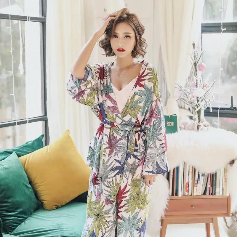 

Autumn Women's Casual Comfortable Wide Leg Pants Maple Leaf Three-piece Set Pajamas South Korea Celebrity Style Cotton Silk Long