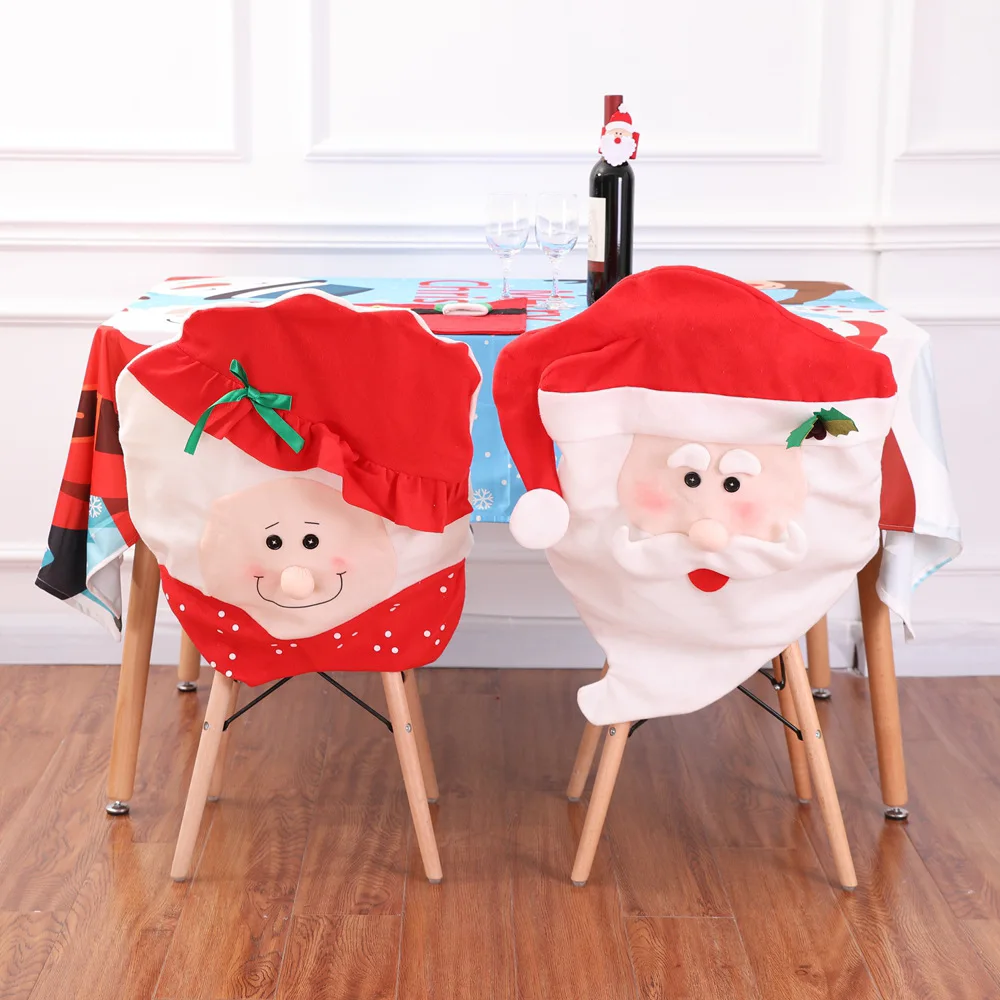 

New Year Christmas Decoration Santa Claus Mrs. Claus Red Hat Chair Back Cover for Home Party Christmas Dinner Chair Covering 1pc