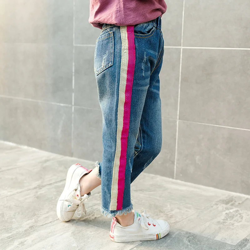 Детская одежда весенняя одежда новые джинсы для девочек детские штаны в полоску Детские прямые штаны От 4 до 10 лет