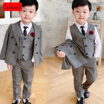 

Children's Dress Suit Plaid Suit Boy Wedding Birthday Party Prom Dress Suit Jacket Vest Pants Three-Piece Children's Dress