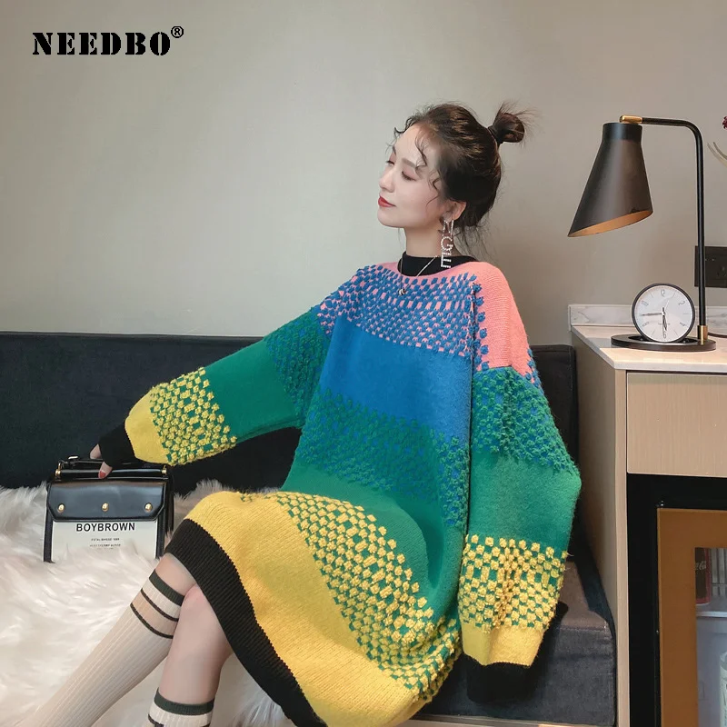 

NEEDBO Long Sweater Women Oversize Knitted Patchwork Rainbow Sweater High Elastic Women Sweater Pullover Autumn Winter Sweater