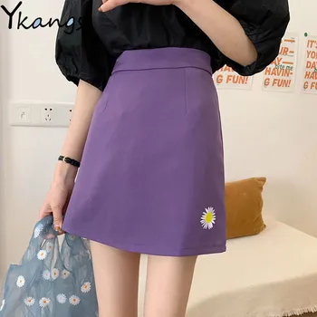 

Purple Harajuku Daisy Embroidery Mini Skirts Women Elastic High Waist Kawaii A-line Skirt Summer Black Sexy Korean Clothes Skirt