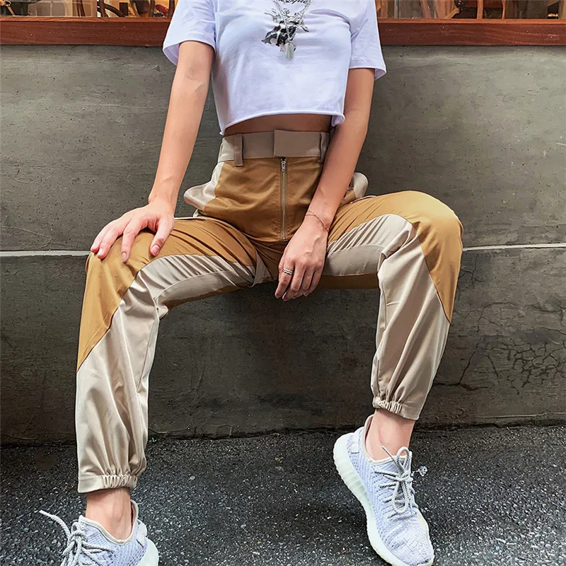

2019 Summer New Women Fashion Street Dressing Overalls Detachable High Waist Color Matching Zipper Harlan Trousers P1734073