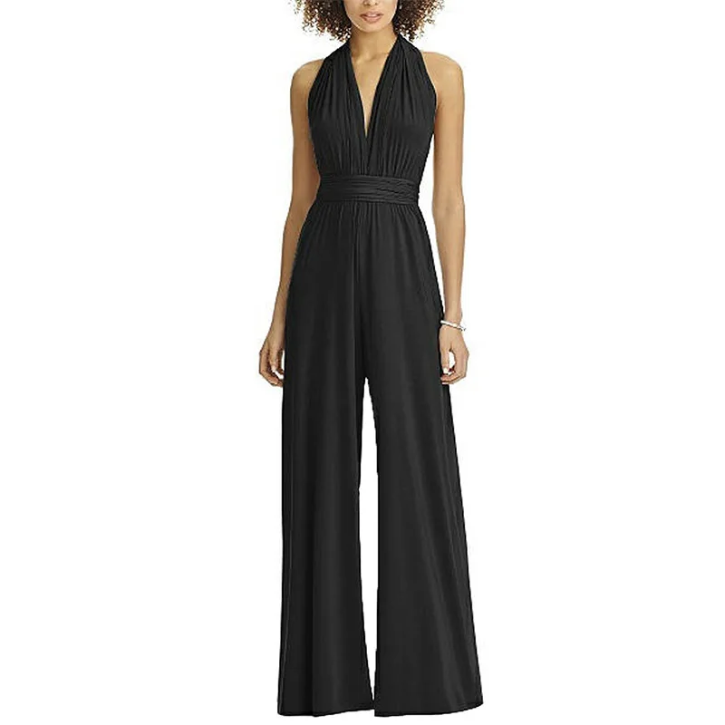 

2019 Women Jumpsuit Milk Silk Slim High Waist Long Jumpsuit Hot Sale Deep V Multi-Way Plain Dyed Sleeveless Striped Jumpsuit