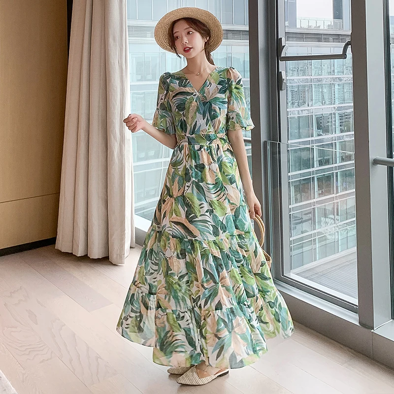 Tonglord Women Chiffon Dress 2020 Summer New Female Short Sleeve V-neck Printed Casual Long Dresses Elegant A-line Boho Vestidos
