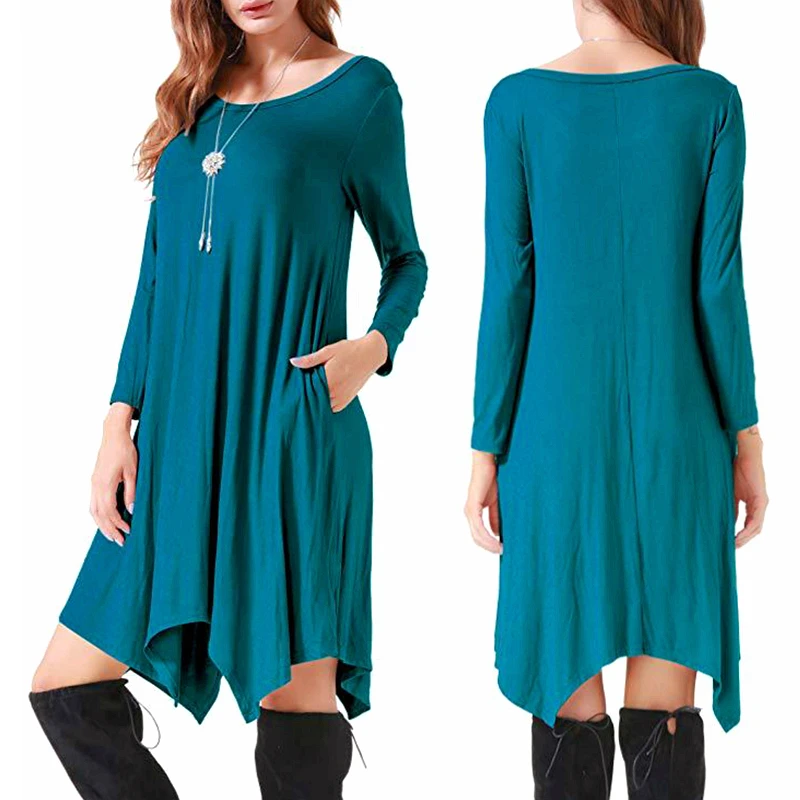 

Casual Dress 2019 Solid Wrist Long Sleeve Pockets Dresses Women Autumn One Piece 3XL Plus Size Robe Loose Dress Female