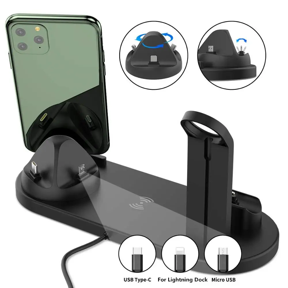 6 in 1 Qi Wireless Charger Stand Dock for Apple Watch 5 4 3 2 iPhone 11