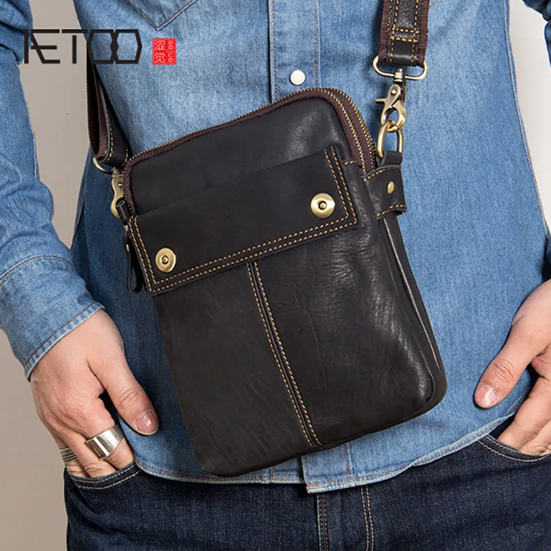 

BJYL Men's bags, head leather shoulder bags, leather slanted men's small square bag, summer casual leather bag