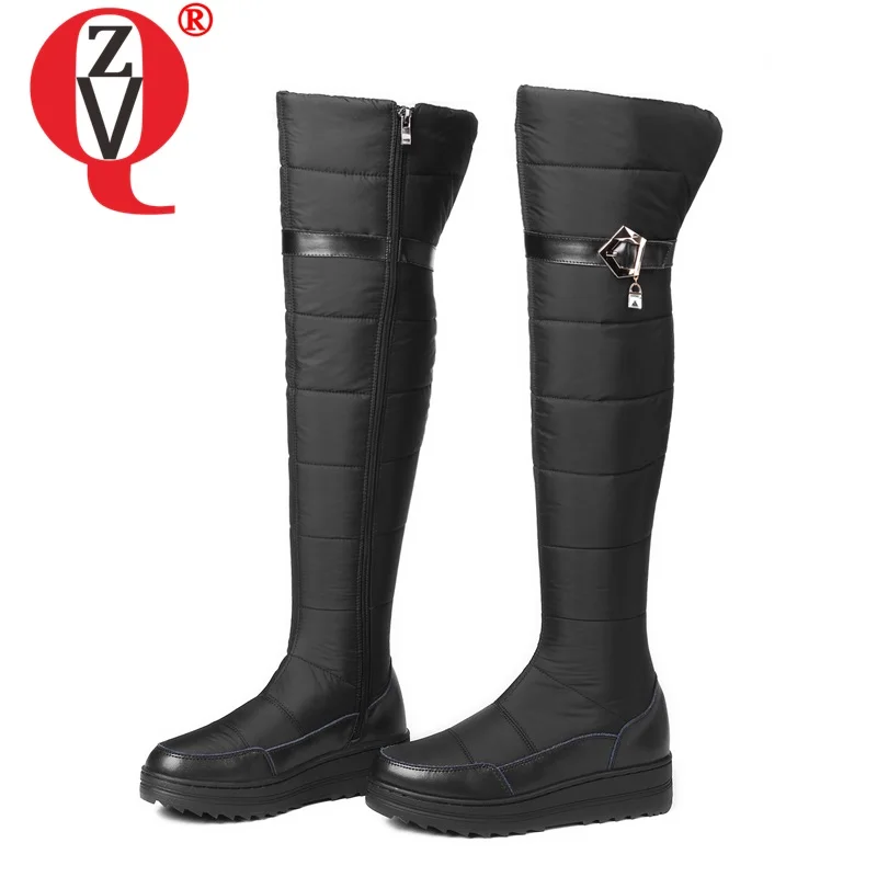 ZVQ genuine leather snow boots woman winter super warm flat platform women's shoes round toe zipper over-the-knee-high boots