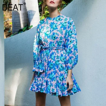 

DEAT 2020 round neck lantern three quarter sleeves printed pullover ruffles dress waist belt vacation vestido WM66807L