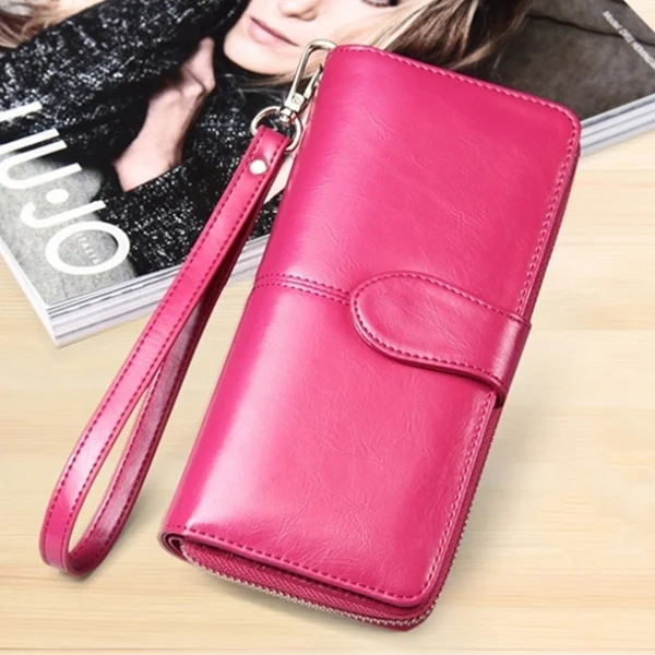 ACELURE Solid Color Women Long Wallets Simple Style Zipper& Hasp Purse With Card Holder Oil Wax Pu Leather Ladies Daily Wallet - Цвет: Rose red