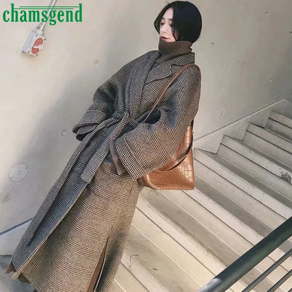 Женское теплое шерстяное пальто CHAMSGEND повседневное длинное оверсайз в клетку