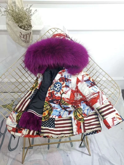 Red Flag Purpe Fur Children Winter Jacket Graffiti Boys Girls Real Fur Coat Thick Warm Rabbit Fur Kids Jacket Coat Furry Natural Fur Collar TZ428 - Цвет: Red Flag Purpe Fur