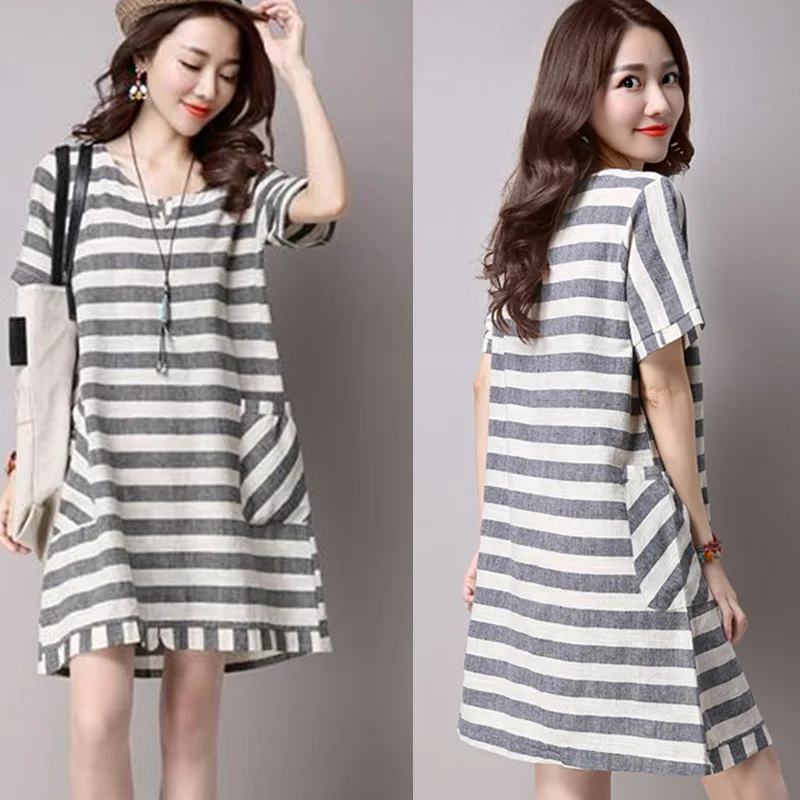 

Summer New Style Ethnic-Style WOMEN'S Dress Large-sized Skirt Loose Cotton Linen Stripe Short Sleeve Mid-length Dress