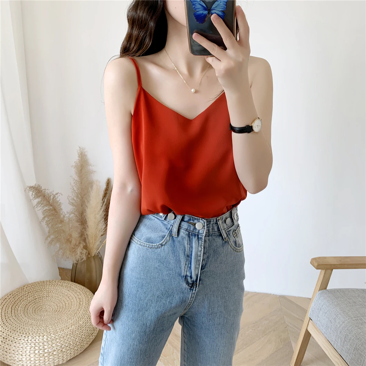 Korean Fashion Chiffon Women Tops Woman V-Neck Vest Blouse Top Summer Women Sleeveless Top 2022 Blouses