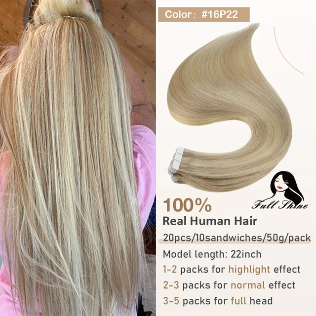 Full Shine Tape In Human Hair Extensions Blonde 100% Real Remy Human Hair Skin Weft Adhesive Glue On For Salon High Quality P16 22