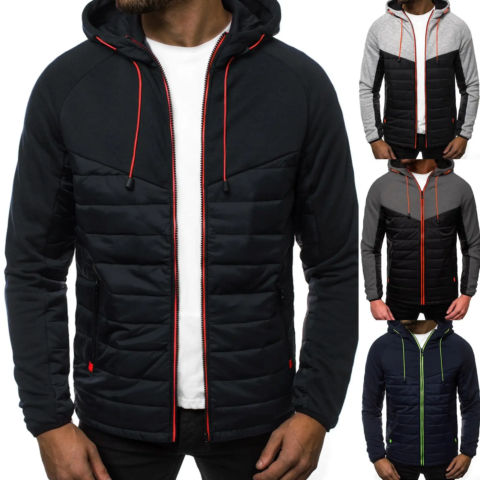

Autumn Winter Men Casual Long Sleeve Hoodie Zip Color Block Pockets Hooded Coat